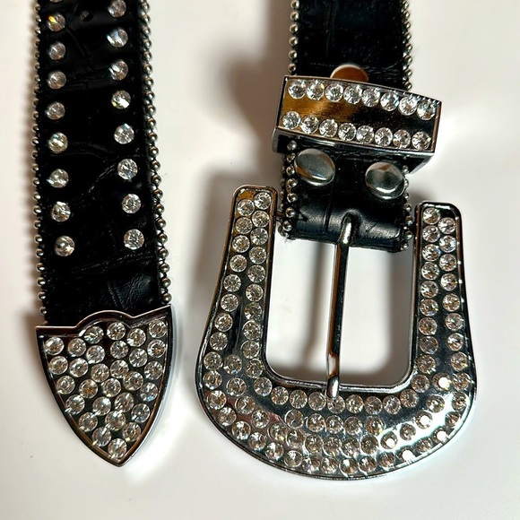 Y2K GENUINE LEATHER BLACK rhinestones changeable buckle 2019 Small rockstar - Picture 15 of 17